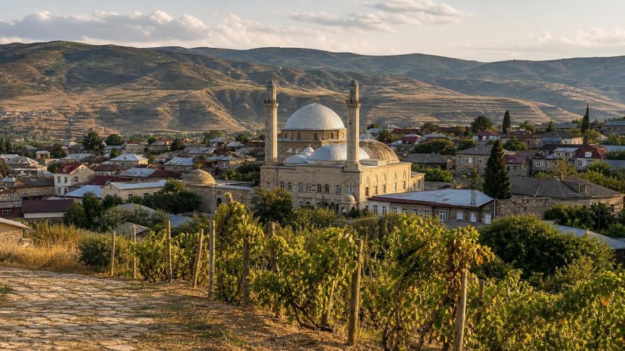 AI-generated illustration of Shamakhi with a mosque, vineyards and hills