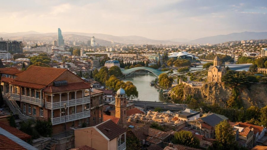 AI-generated illustration of Tbilisi with the Kura River, a bridge and a church on a bluff
