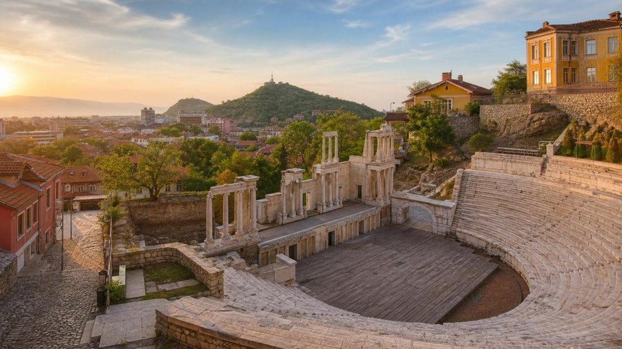 Plovdiv: AI-generated illustration of an ancient theatre with stone seating and hills at sunset