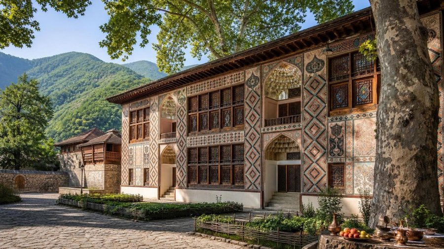 AI-generated illustration of an ornate palace façade, courtyard and forested mountains