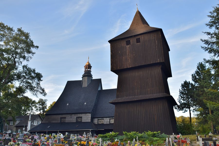 Poniszowice bell tower with the church in the background