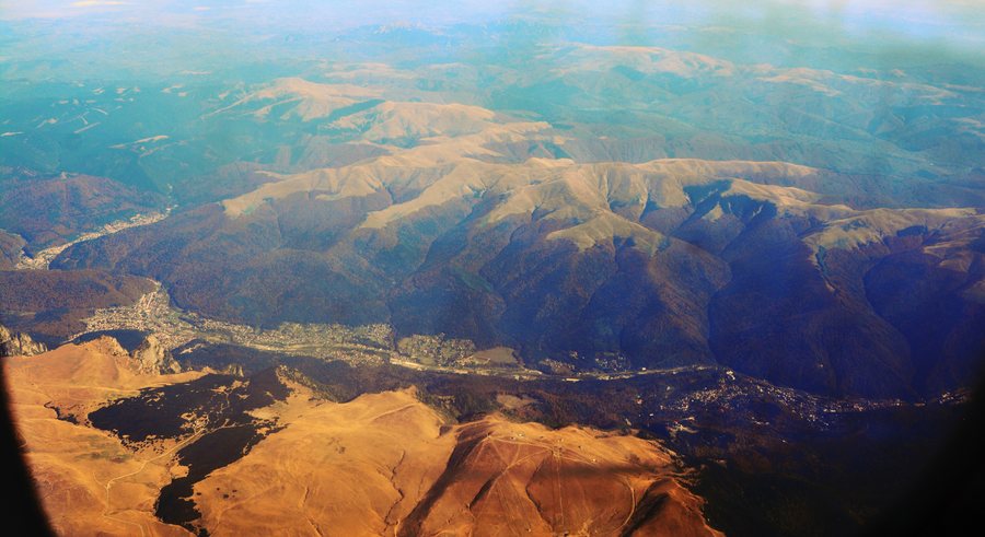 File:Aerial photograph looking east, showing area from Azuga to Sinaia, Prahova County, Romania.jpg