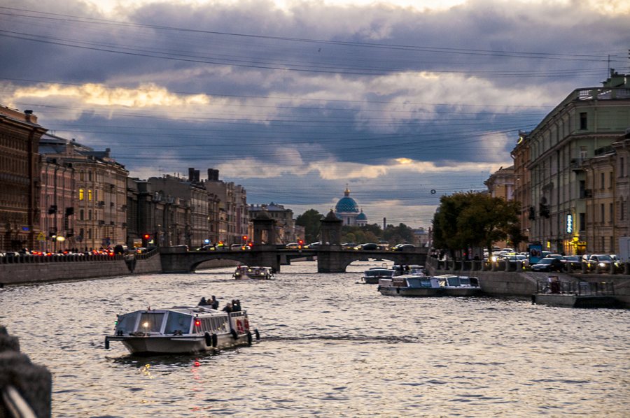 Canal, bridge and tour boats in Saint Petersburg